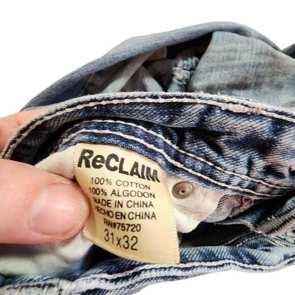 ReClaim Relaxed Bootleg Jeans 31x32 Mens Distressed Blue Denim Cotton Frayed Hem - Picture 5 of 5